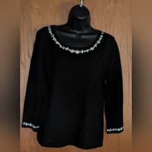 Women's Pointelle Silk/Viscose Blend Bedazzled Black Top, Classic, Event, Sz‎ L